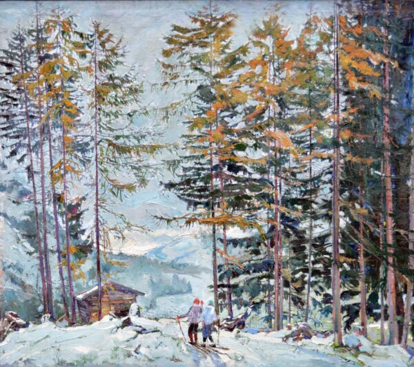 Rudolf Hafner, Gemälde, Schifahrer im Wald
