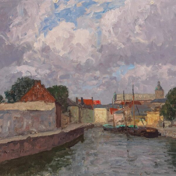 Alfred Zoff, Kanal mit Booten vor einer Stadt